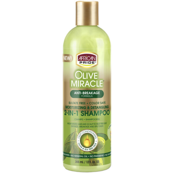 AFRICAN PRIDE – Olive Miracle Shampooing 2 en 1 Hydratant & Démêlant - Huile d’Olive & Huile d’Arbre à Thé (355 ml)