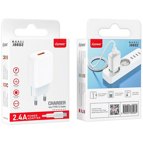 D-POWER – Chargeur Secteur USB 2.4A avec Câble Type-C (J8602) – Image 2