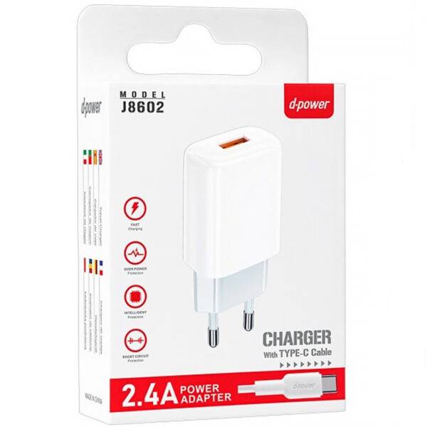 D-POWER – Chargeur Secteur USB 2.4A avec Câble Type-C (J8602)