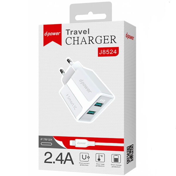 D-POWER – Chargeur de Voyage 2 Ports USB 2.4A (J8524)